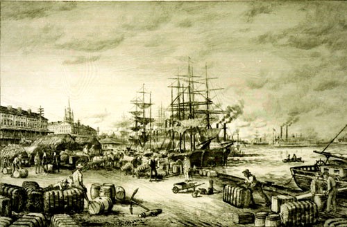 Reproduction of a 19th-century view of the New Orleans riverfront.